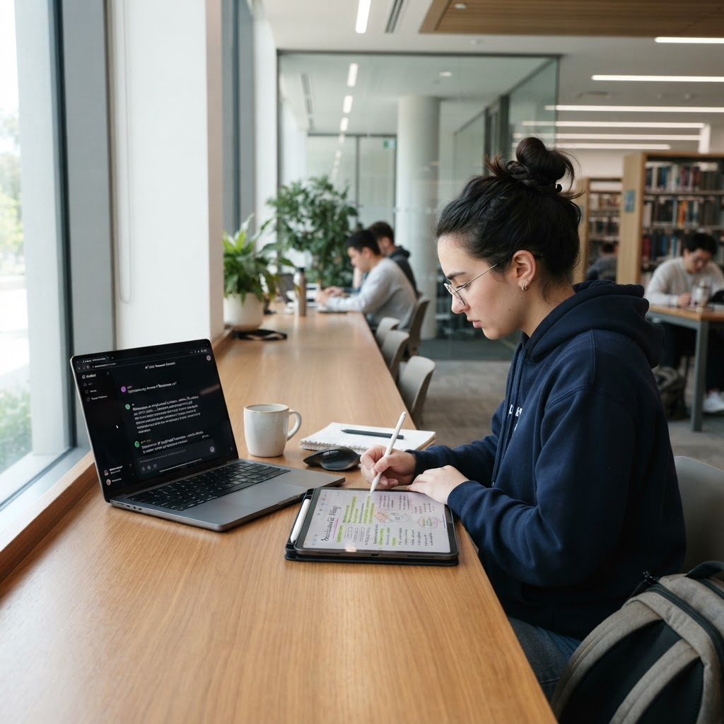 Student using AI tools on laptop for studying and homework help
