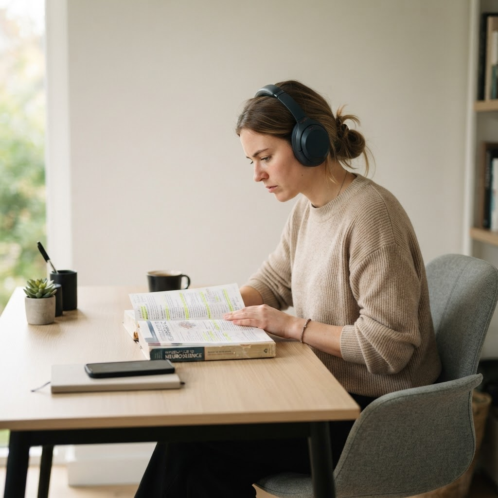 Student in deep focus while studying with minimal distractions at desk
