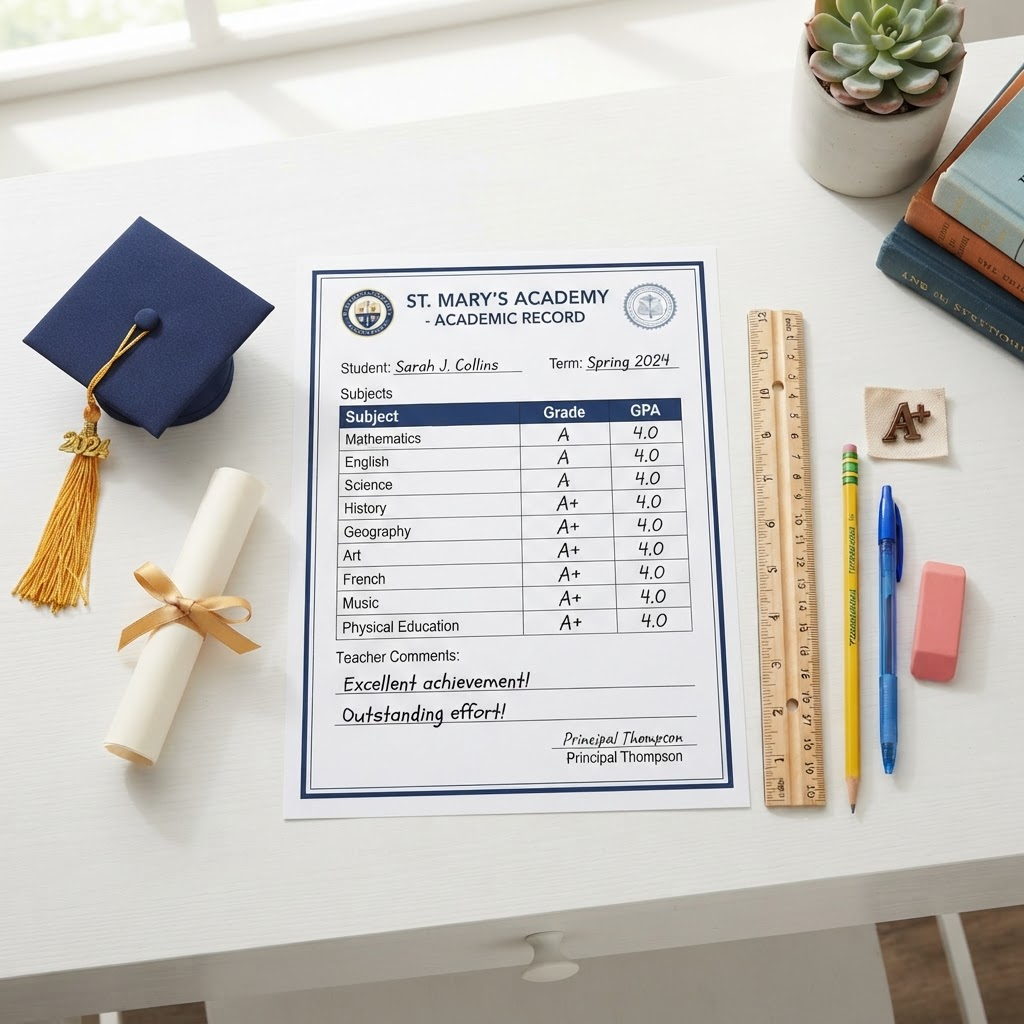 Report card showing improved grades and academic achievement