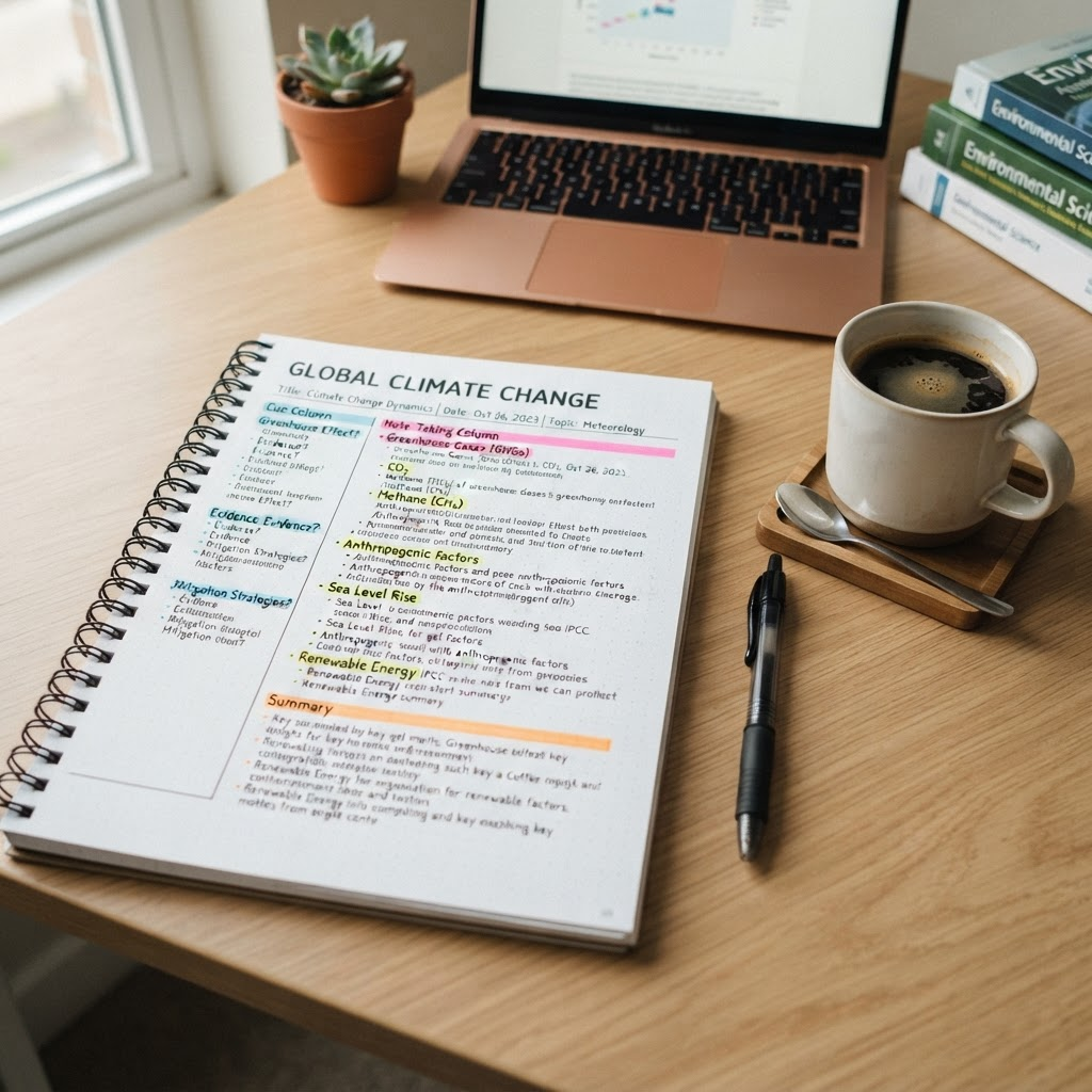 Organized Cornell method notebook with colorful notes and pen