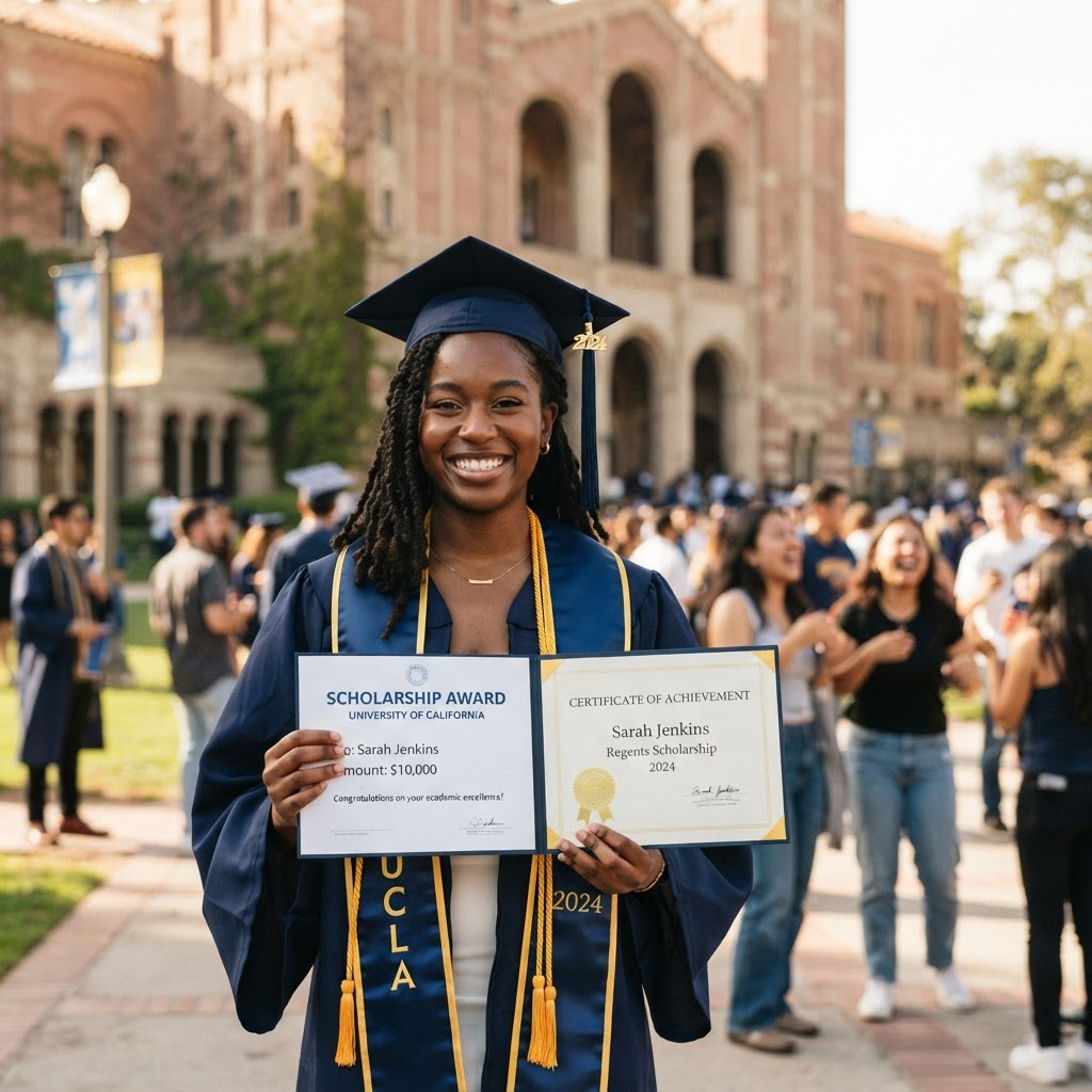 Student receiving scholarship award certificate and financial aid