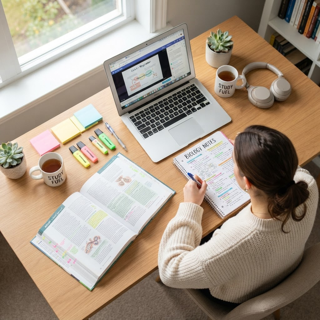 Student studying effectively at a clean organized desk with books and notes